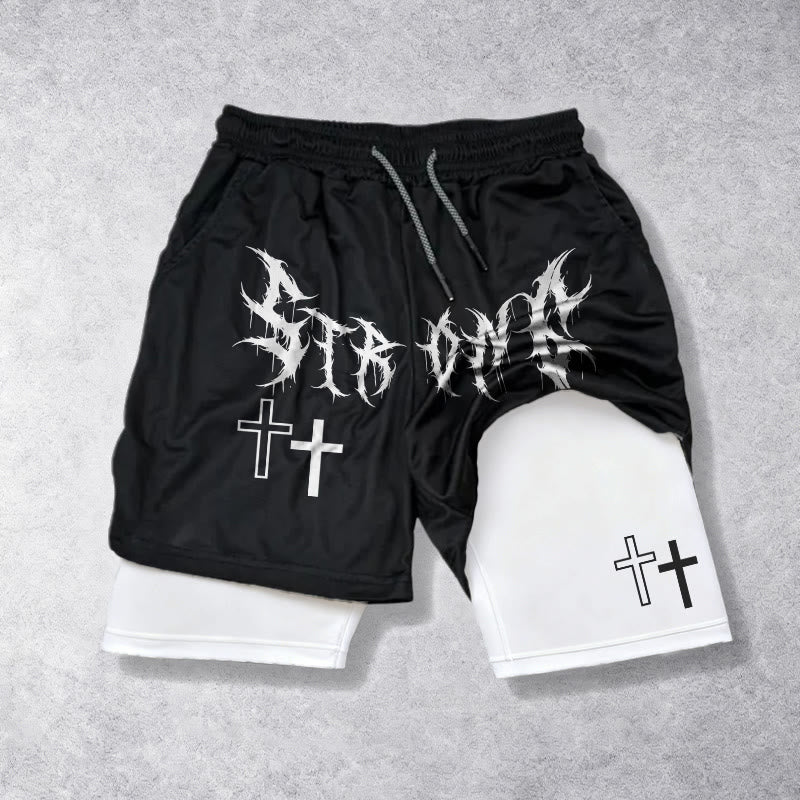 Christianartworkshop Strong Sharp Gothic Font Double Cross Matching Dual Print Drawstring Faith Shorts - White - 3XL - image 0