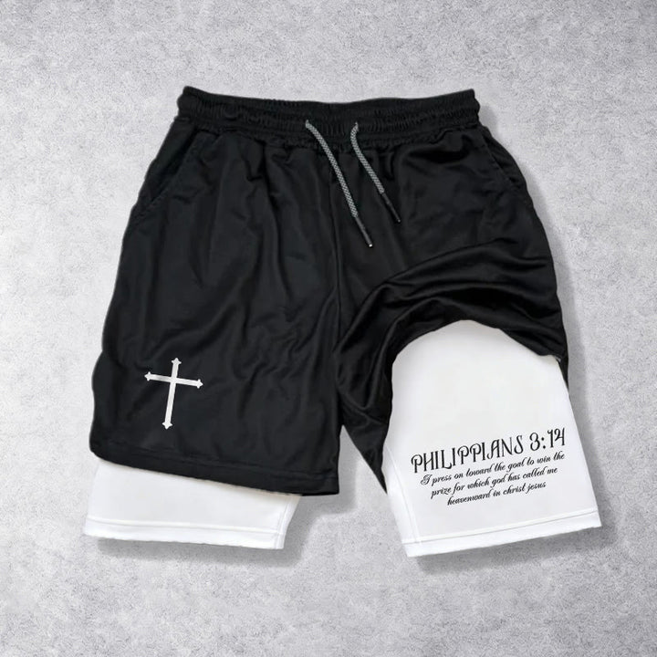 Christianartworkshop Simple Nail Cross Philippians 3:14 Cursive Verse Drawstring Faith Shorts - White - 3XL - image 0