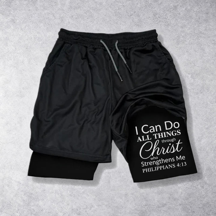 Christianartworkshop Timeless I Can Do All Things Through Christ Full Verse Dual Layer Drawstring Faith Sports Shorts - Black - 3XL - image 9