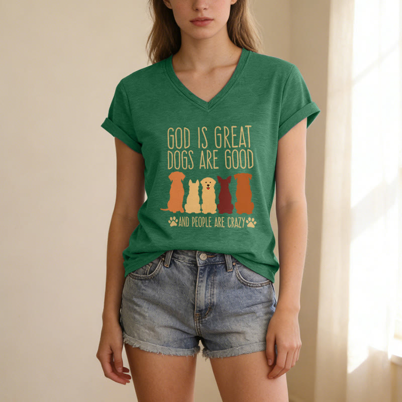 Christianartworkshop God Is Great Dogs Are Good Multicolor Dog Silhouette Paw Print Graphic Casual V-neck T-shirt - image 25