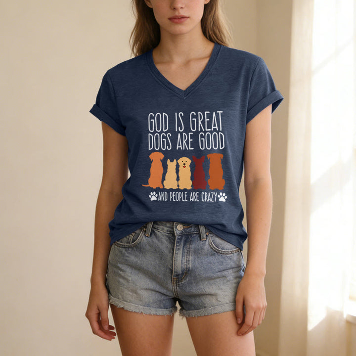 Christianartworkshop God Is Great Dogs Are Good Multicolor Dog Silhouette Paw Print Graphic Casual V-neck T-shirt - image 3