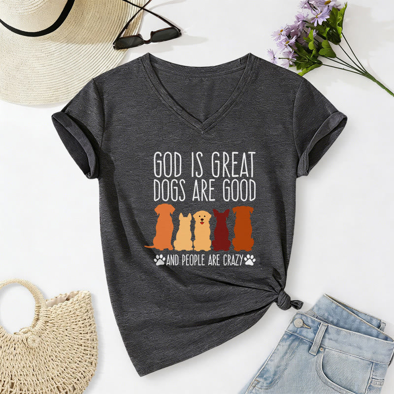 Christianartworkshop God Is Great Dogs Are Good Multicolor Dog Silhouette Paw Print Graphic Casual V-neck T-shirt - Dark Grey - 2XL - image 0