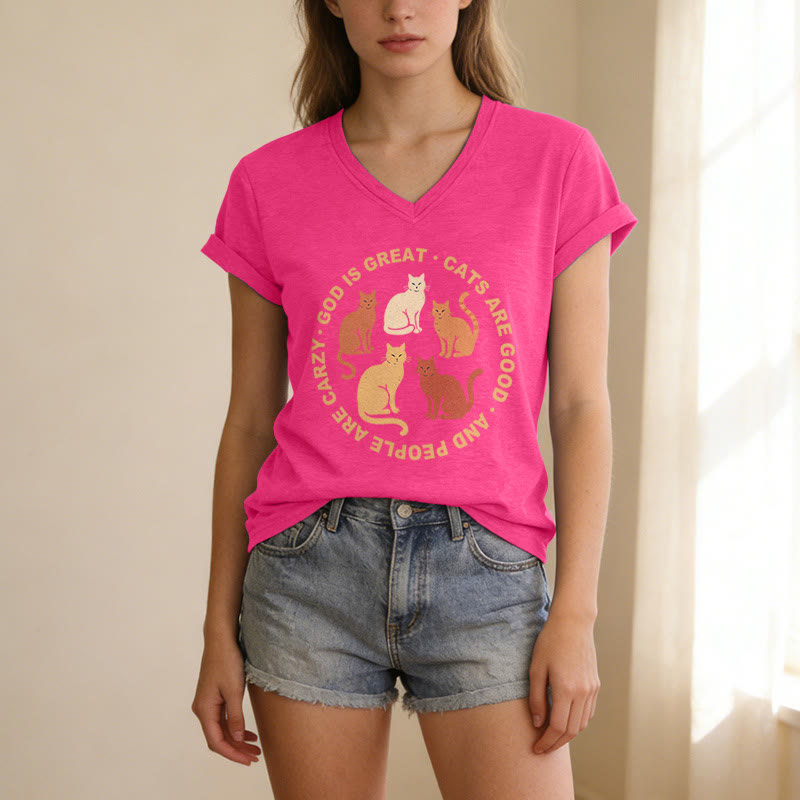 Christianartworkshop Funny Christian Cat Lover Circular Slogan Multi Shade Kitten Group Print Casual V-neck T-shirt - image 11