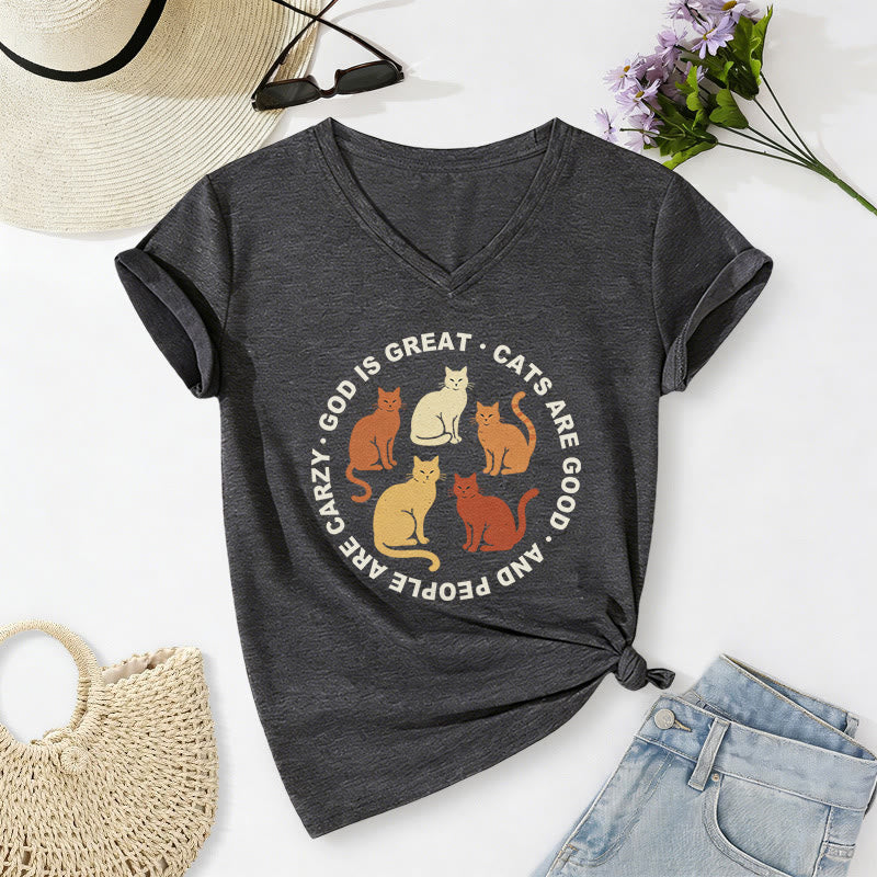 Christianartworkshop Funny Christian Cat Lover Circular Slogan Multi Shade Kitten Group Print Casual V-neck T-shirt - Dark Grey - 2XL - image 2
