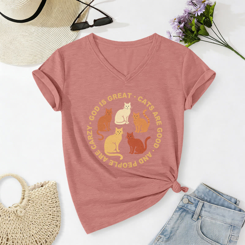 Christianartworkshop Funny Christian Cat Lover Circular Slogan Multi Shade Kitten Group Print Casual V-neck T-shirt - Light Pink - 2XL - image 12