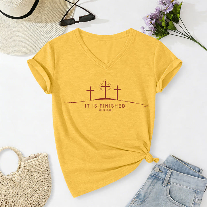 Christianartworkshop It Is Finished Three Calvary Crosses John 19:30 Minimal Line Graphic Casual V-neck T-shirt - Yellow - 2XL - image 16