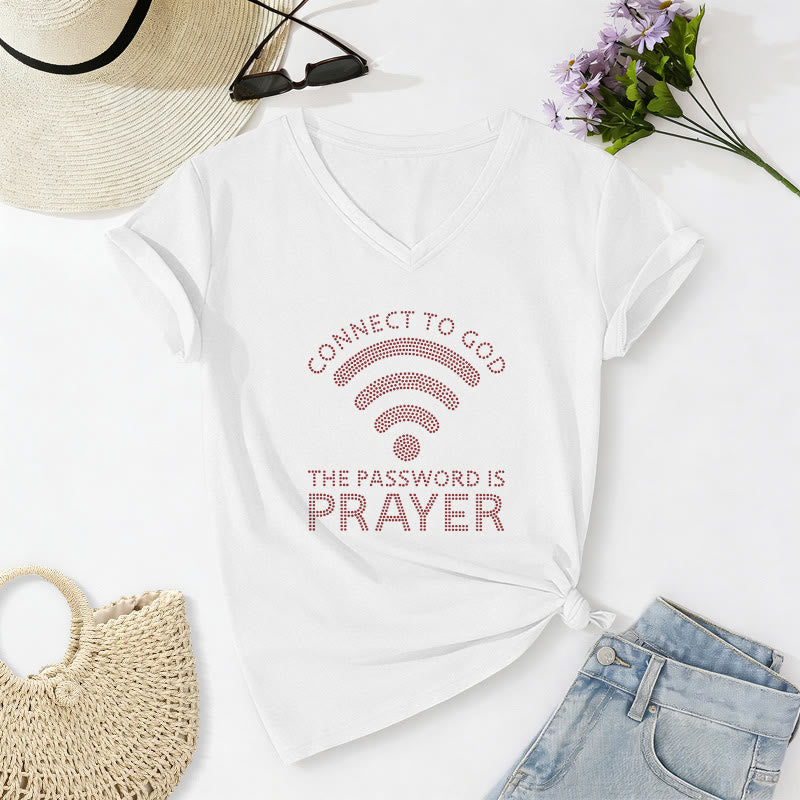 Christianartworkshop Connect To God Wifi Symbol The Password Is Prayer Faith Graphic Casual V-neck T-shirt - White - 2XL - image 20