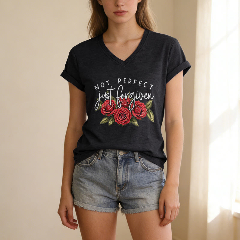 Christianartworkshop Not Perfect Just Forgiven Red Rose Bouquet Dual Font Floral Faith Graphic Casual V-neck T-shirt - image 3