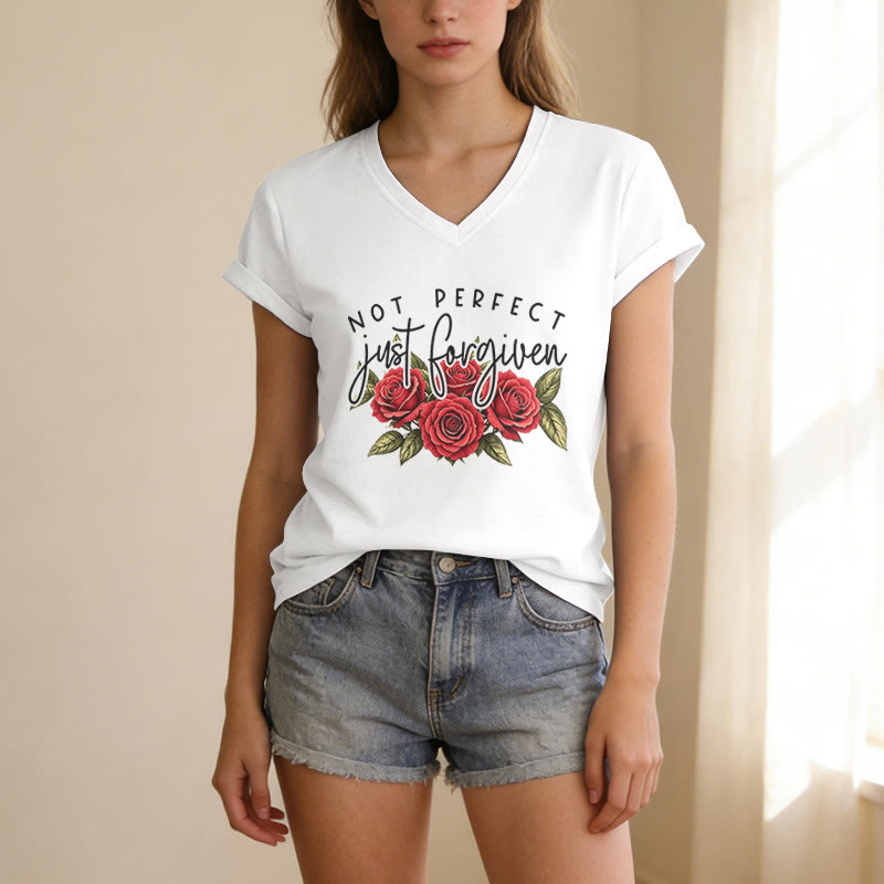 Christianartworkshop Not Perfect Just Forgiven Red Rose Bouquet Dual Font Floral Faith Graphic Casual V-neck T-shirt - image 21