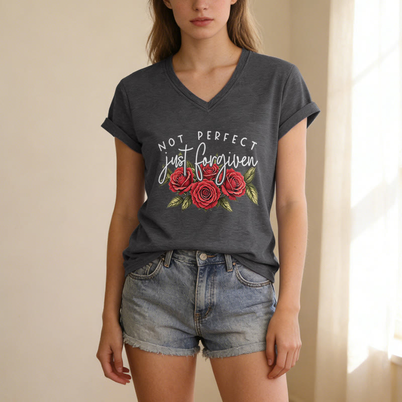 Christianartworkshop Not Perfect Just Forgiven Red Rose Bouquet Dual Font Floral Faith Graphic Casual V-neck T-shirt - image 9