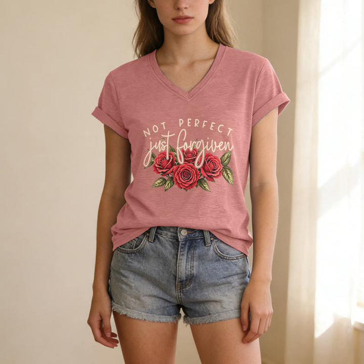 Christianartworkshop Not Perfect Just Forgiven Red Rose Bouquet Dual Font Floral Faith Graphic Casual V-neck T-shirt - image 15