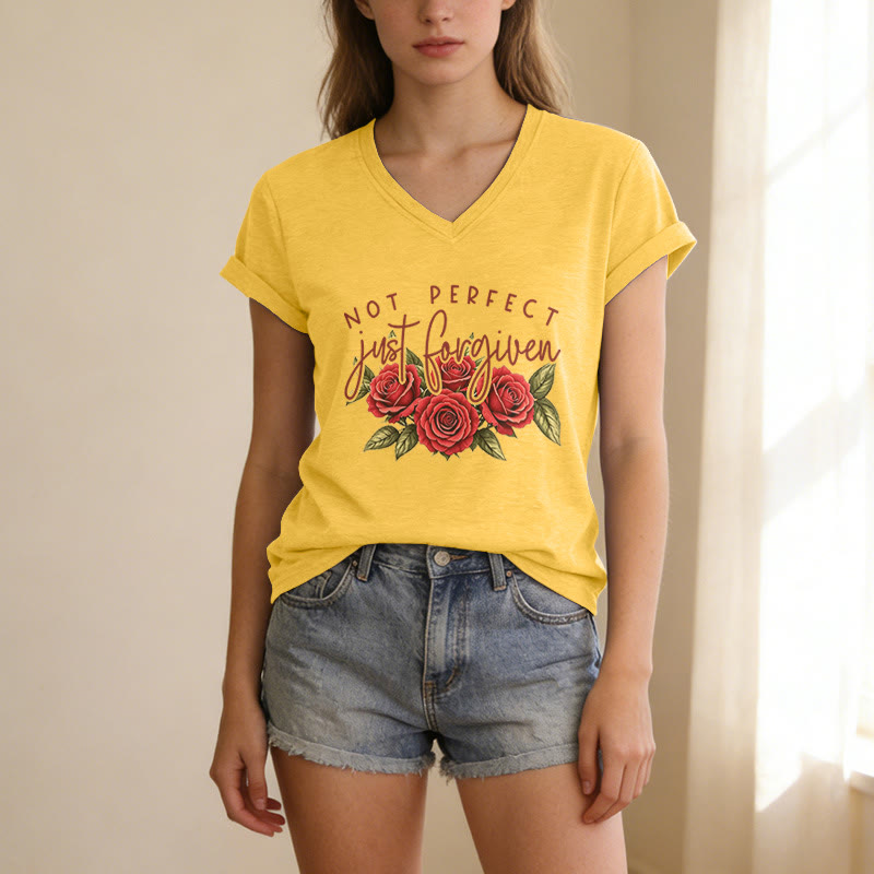 Christianartworkshop Not Perfect Just Forgiven Red Rose Bouquet Dual Font Floral Faith Graphic Casual V-neck T-shirt - image 17