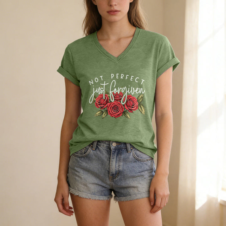 Christianartworkshop Not Perfect Just Forgiven Red Rose Bouquet Dual Font Floral Faith Graphic Casual V-neck T-shirt - image 19