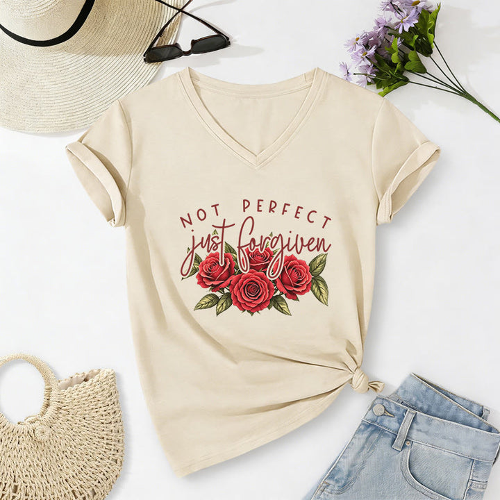 Christianartworkshop Not Perfect Just Forgiven Red Rose Bouquet Dual Font Floral Faith Graphic Casual V-neck T-shirt - Beige - 2XL - image 0