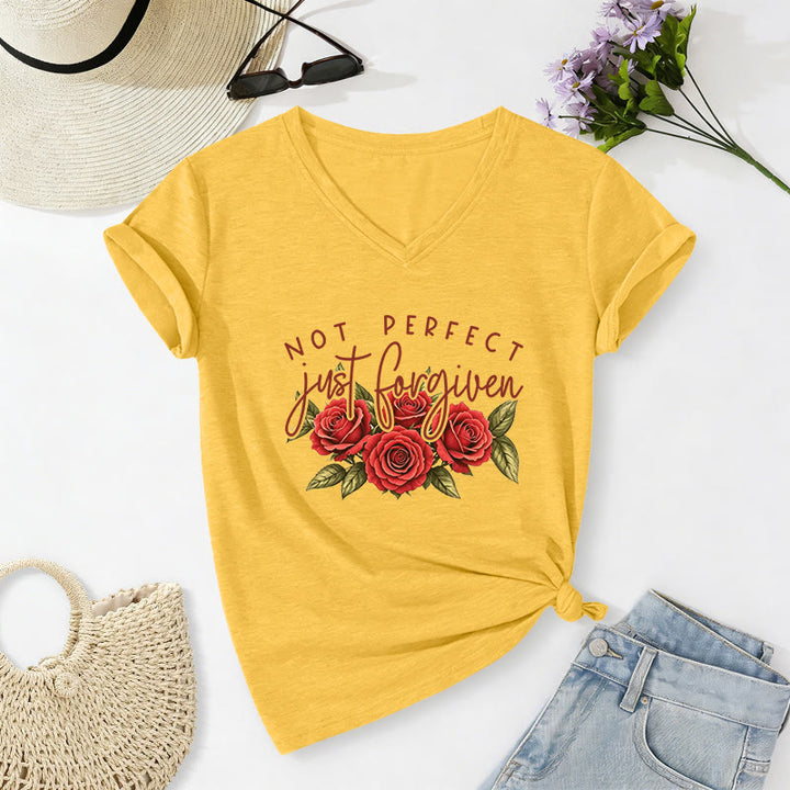 Christianartworkshop Not Perfect Just Forgiven Red Rose Bouquet Dual Font Floral Faith Graphic Casual V-neck T-shirt - Yellow - 2XL - image 16