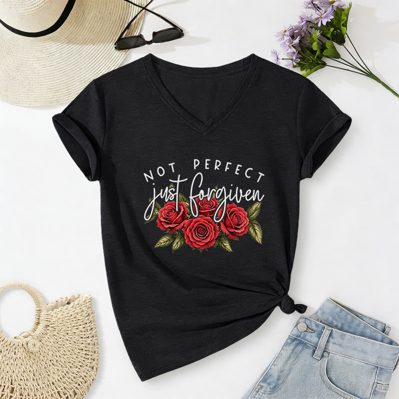 Christianartworkshop Not Perfect Just Forgiven Red Rose Bouquet Dual Font Floral Faith Graphic Casual V-neck T-shirt - Black - 2XL - image 2