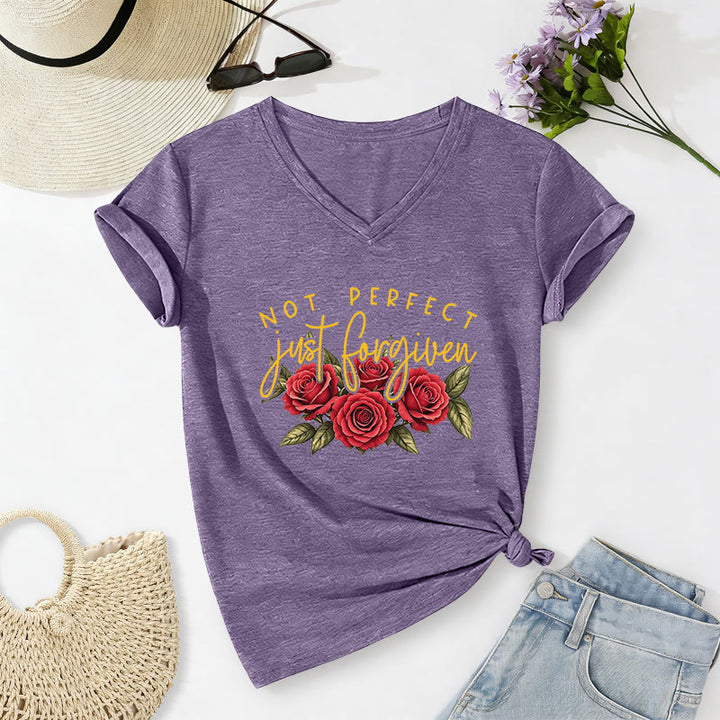 Christianartworkshop Not Perfect Just Forgiven Red Rose Bouquet Dual Font Floral Faith Graphic Casual V-neck T-shirt - Purple - 2XL - image 6