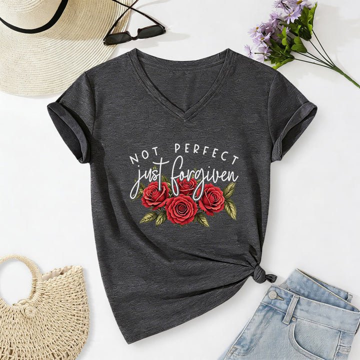 Christianartworkshop Not Perfect Just Forgiven Red Rose Bouquet Dual Font Floral Faith Graphic Casual V-neck T-shirt - Dark Grey - 2XL - image 8