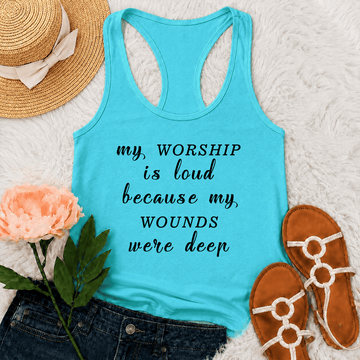 Christianartworkshop My Worship Is Loud Because My Wounds Were Deep Mixed Font Inspirational Text Racerback Tank Top - Mint - 2XL - image 24