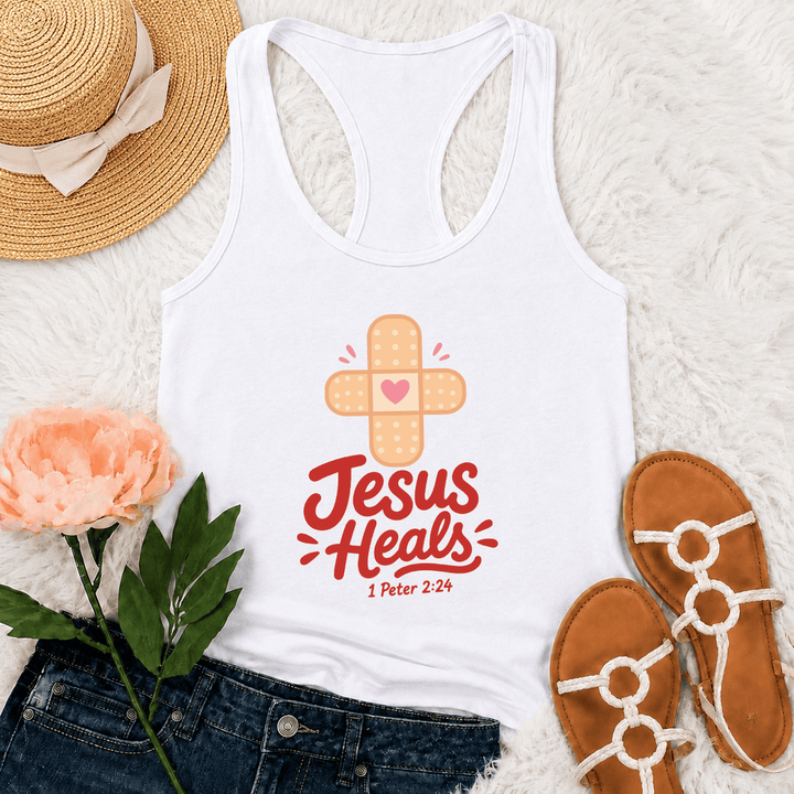 Christianartworkshop Jesus Heals Cross Band-Aid Pink Heart Cartoon Graphic 1 Peter 2:24 Racerback Tank Top - White - 2XL - image 6