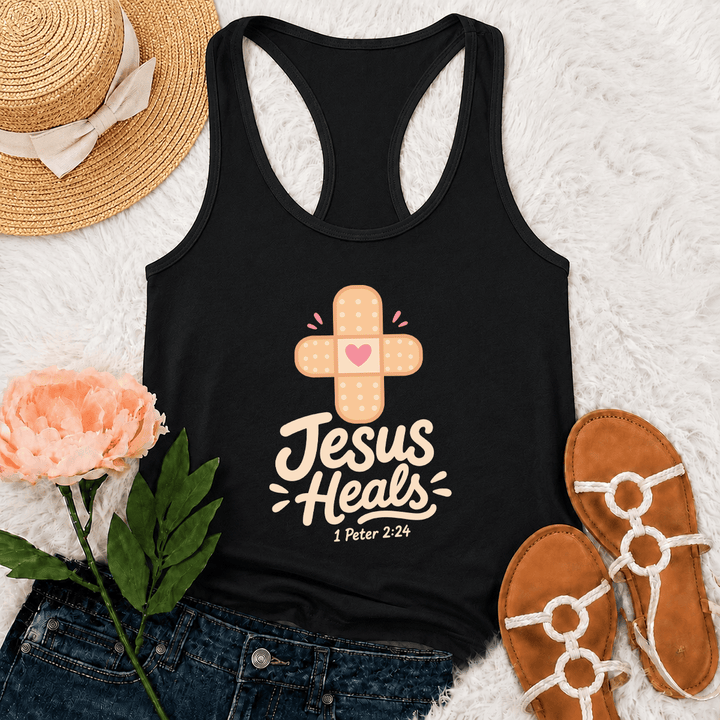 Christianartworkshop Jesus Heals Cross Band-Aid Pink Heart Cartoon Graphic 1 Peter 2:24 Racerback Tank Top - Black - 2XL - image 15