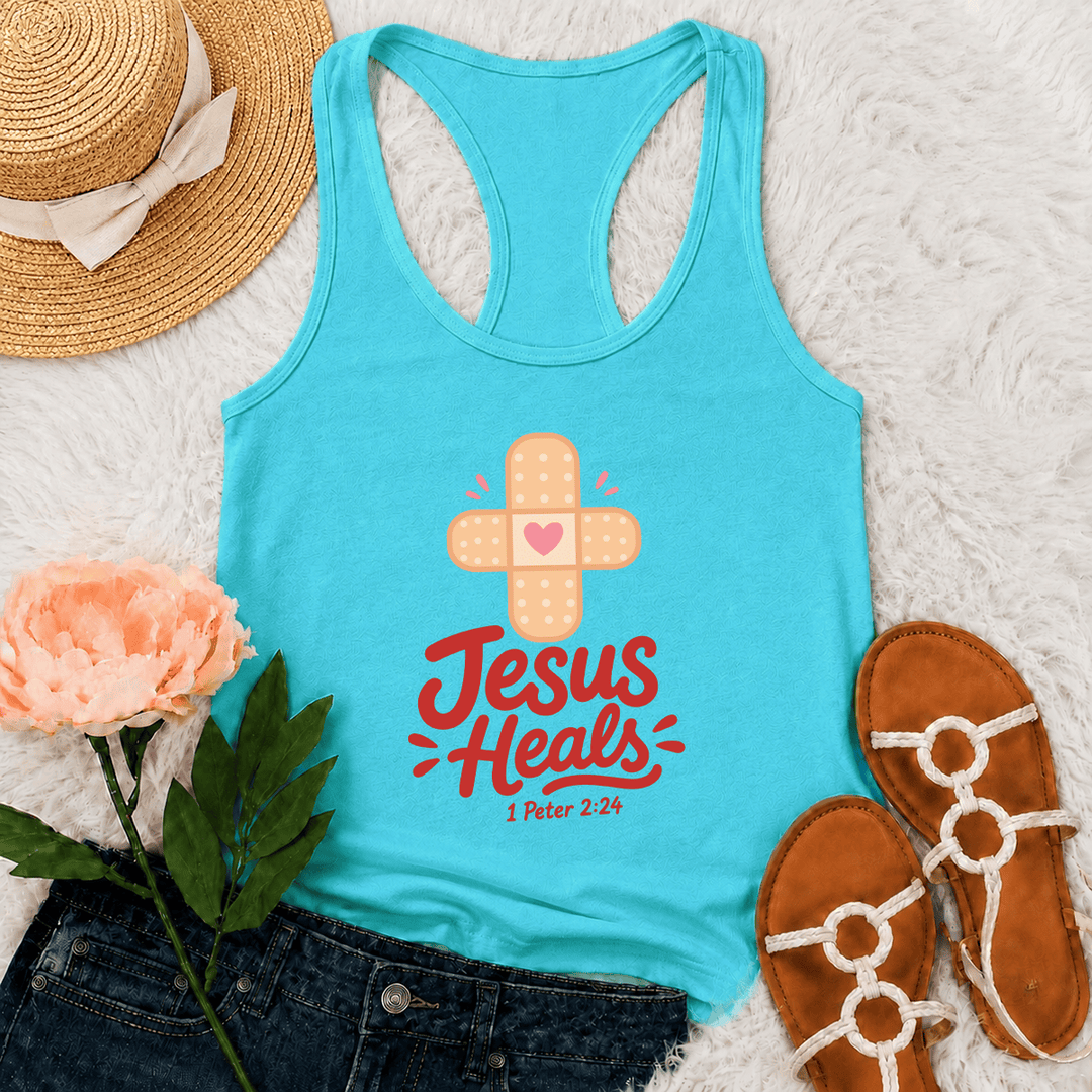 Christianartworkshop Jesus Heals Cross Band-Aid Pink Heart Cartoon Graphic 1 Peter 2:24 Racerback Tank Top - Mint - 2XL - image 0