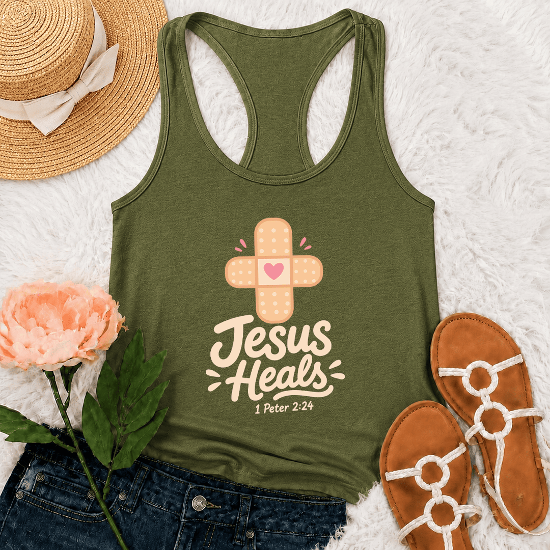 Christianartworkshop Jesus Heals Cross Band-Aid Pink Heart Cartoon Graphic 1 Peter 2:24 Racerback Tank Top - Army Green - 2XL - image 18