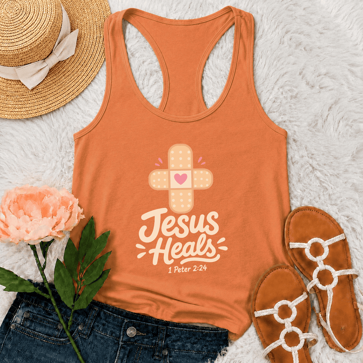 Christianartworkshop Jesus Heals Cross Band-Aid Pink Heart Cartoon Graphic 1 Peter 2:24 Racerback Tank Top - Orange - 2XL - image 12