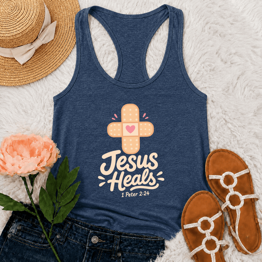 Christianartworkshop Jesus Heals Cross Band-Aid Pink Heart Cartoon Graphic 1 Peter 2:24 Racerback Tank Top - Navy Blue - 2XL - image 21