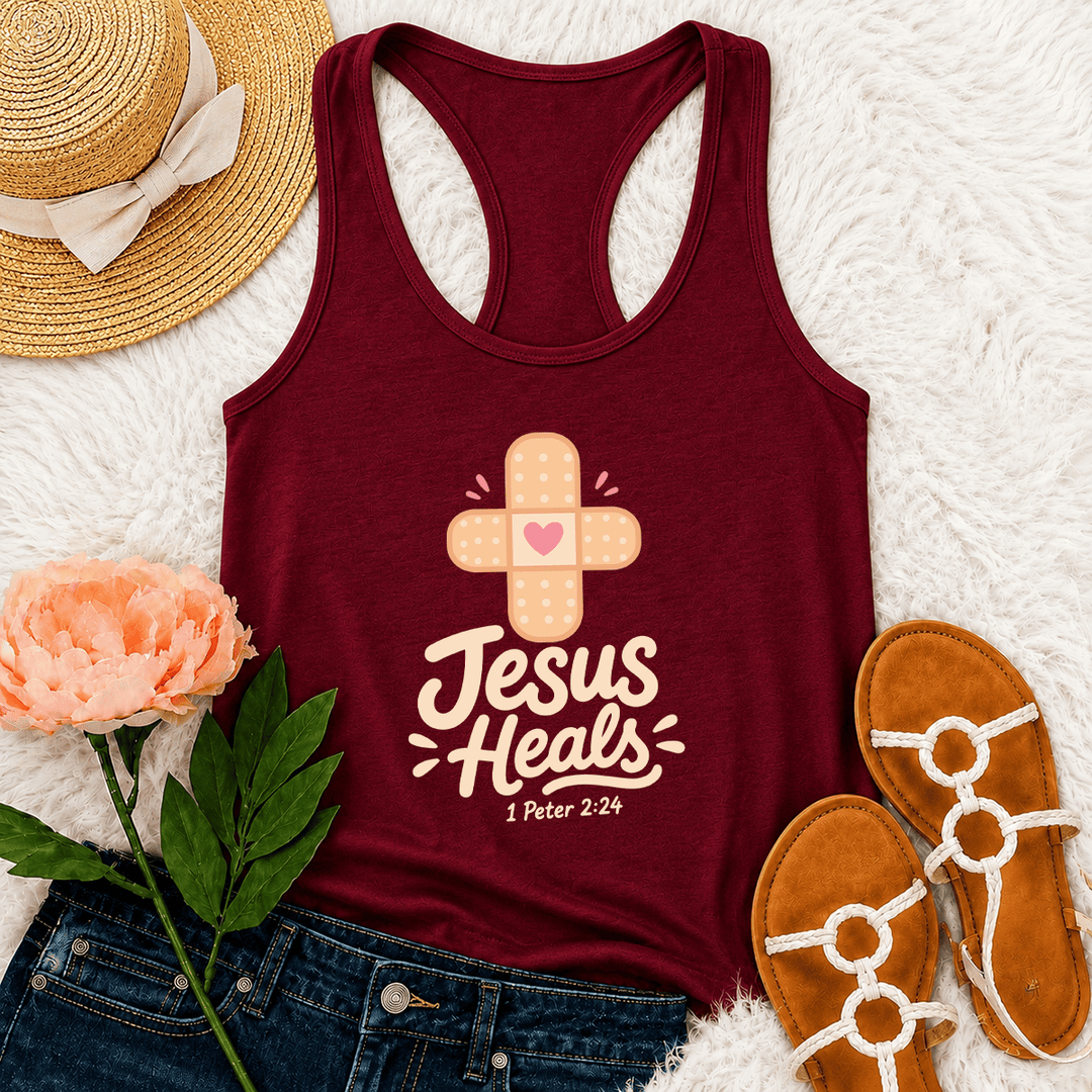 Christianartworkshop Jesus Heals Cross Band-Aid Pink Heart Cartoon Graphic 1 Peter 2:24 Racerback Tank Top - Wine - 2XL - image 3