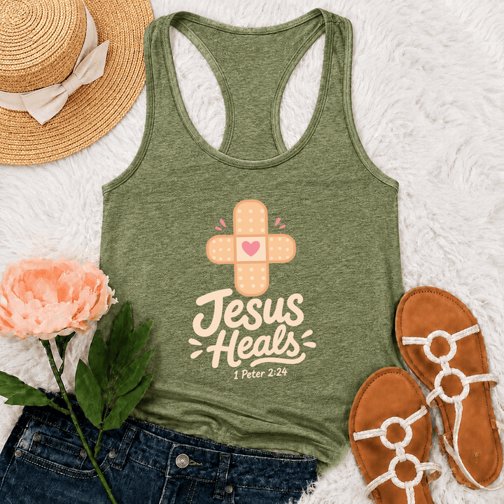 Christianartworkshop Jesus Heals Cross Band-Aid Pink Heart Cartoon Graphic 1 Peter 2:24 Racerback Tank Top - Olive Green - 2XL - image 24