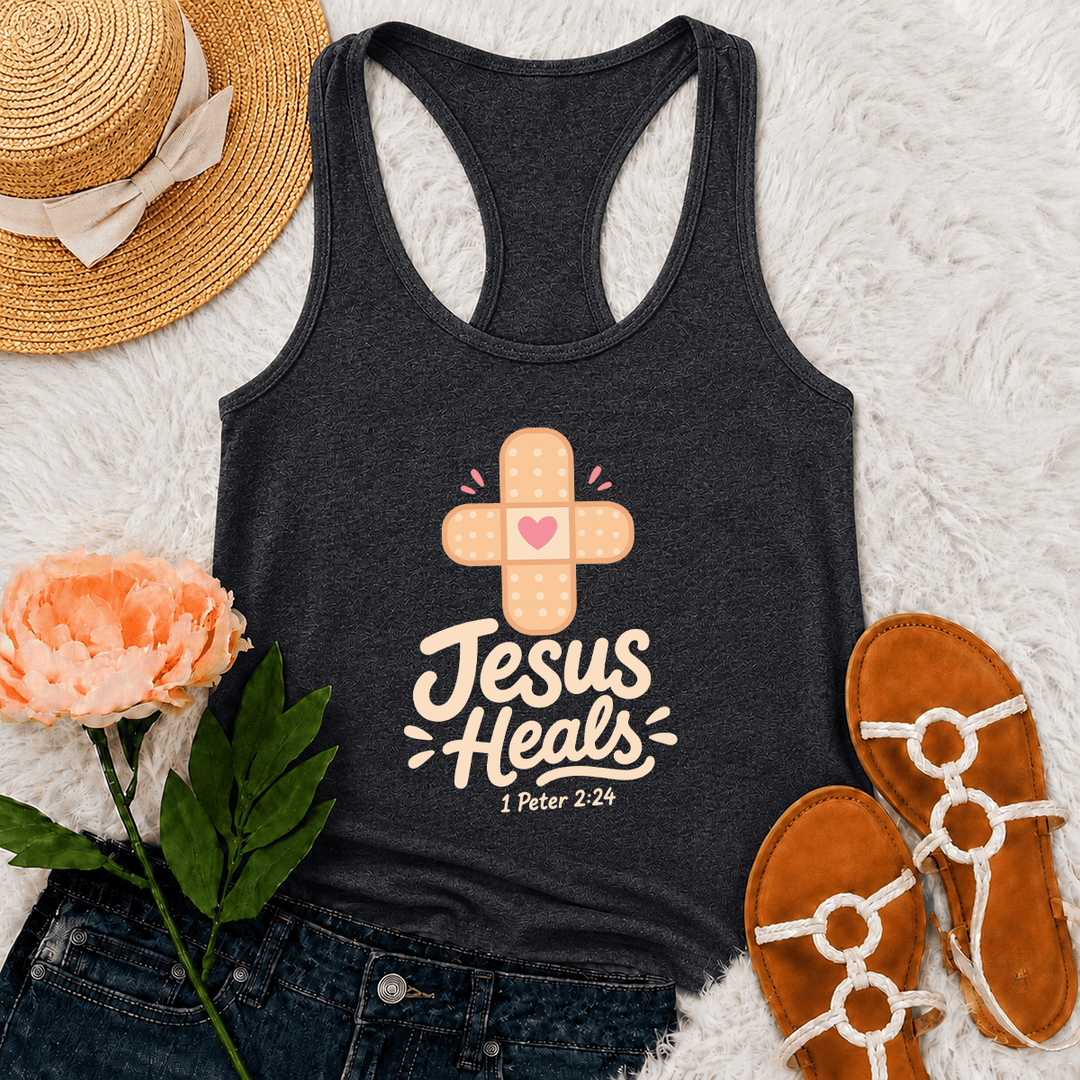 Christianartworkshop Jesus Heals Cross Band-Aid Pink Heart Cartoon Graphic 1 Peter 2:24 Racerback Tank Top - Grey - 2XL - image 9