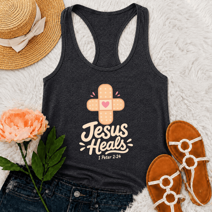 Christianartworkshop Jesus Heals Cross Band-Aid Pink Heart Cartoon Graphic 1 Peter 2:24 Racerback Tank Top - Grey - 2XL - image 9