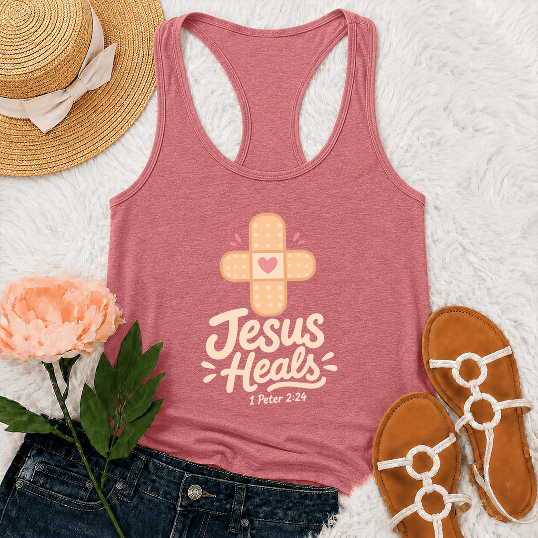Christianartworkshop Jesus Heals Cross Band-Aid Pink Heart Cartoon Graphic 1 Peter 2:24 Racerback Tank Top - Pink - 2XL - image 27