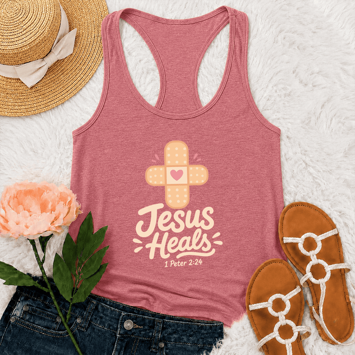 Christianartworkshop Jesus Heals Cross Band-Aid Pink Heart Cartoon Graphic 1 Peter 2:24 Racerback Tank Top - Pink - 2XL - image 27