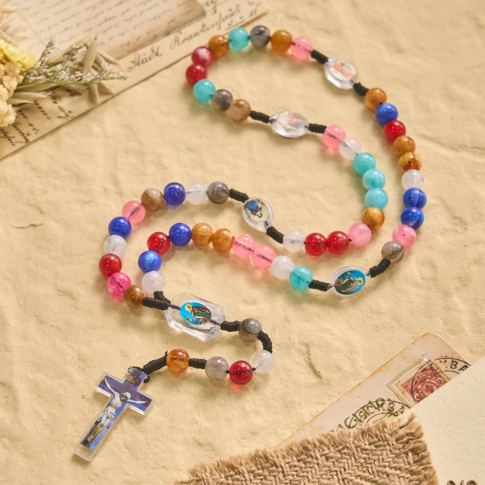 FREE Today: Multicolor Swirl Resin Bead Knotted Cord Rosary With Our Lady & INRI Crucifix Pendant - image 5