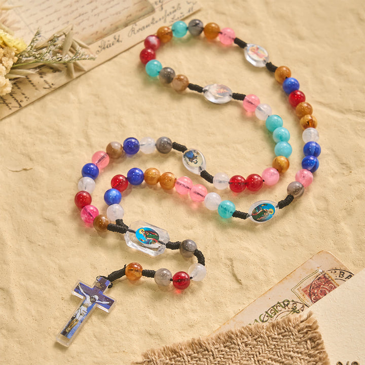 FREE Today: Multicolor Swirl Resin Bead Knotted Cord Rosary With Our Lady & INRI Crucifix Pendant - image 5