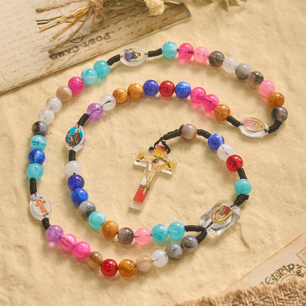FREE Today: Multicolor Swirl Resin Bead Knotted Cord Rosary With Our Lady & INRI Crucifix Pendant - image 4