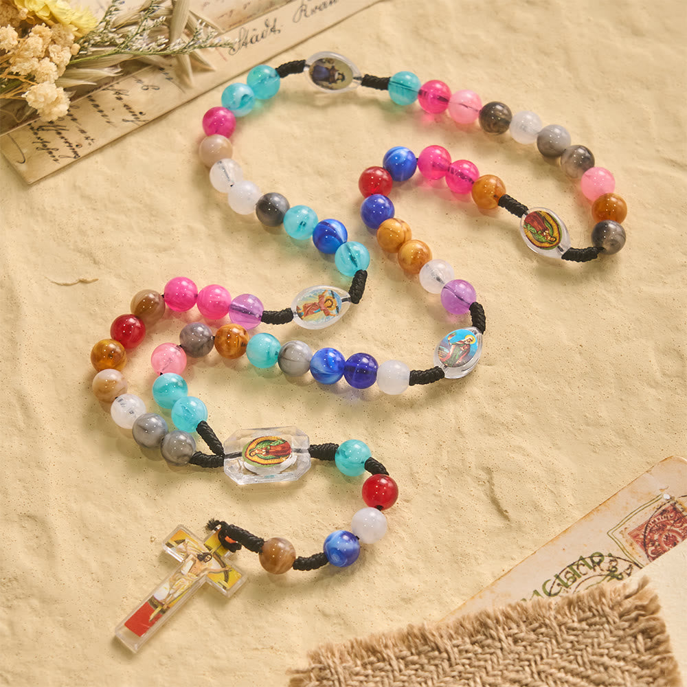 FREE Today: Multicolor Swirl Resin Bead Knotted Cord Rosary With Our Lady & INRI Crucifix Pendant - image 2
