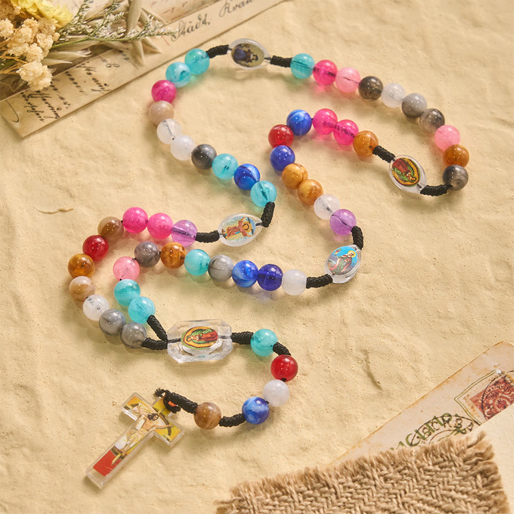 FREE Today: Multicolor Swirl Resin Bead Knotted Cord Rosary With Our Lady & INRI Crucifix Pendant - image 2