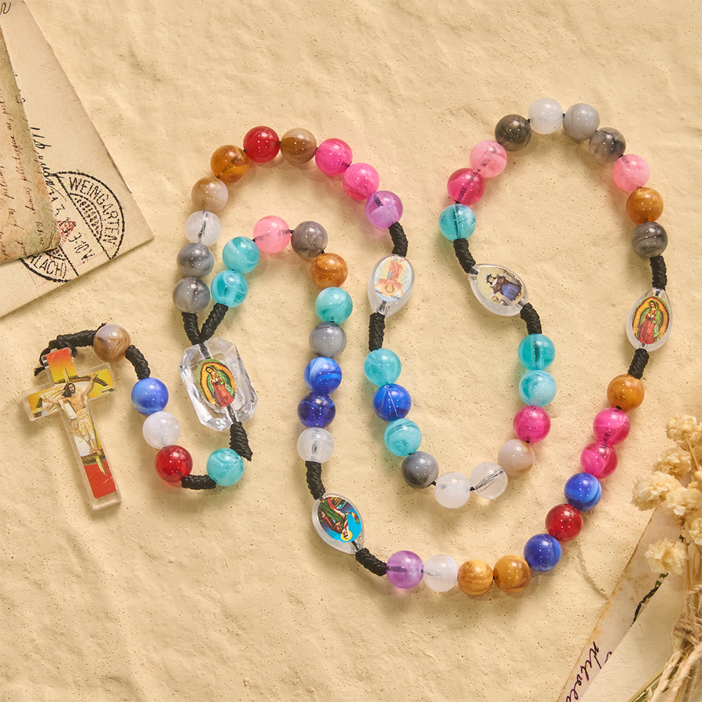 FREE Today: Multicolor Swirl Resin Bead Knotted Cord Rosary With Our Lady & INRI Crucifix Pendant - Our Lady&Crucifix - image 0
