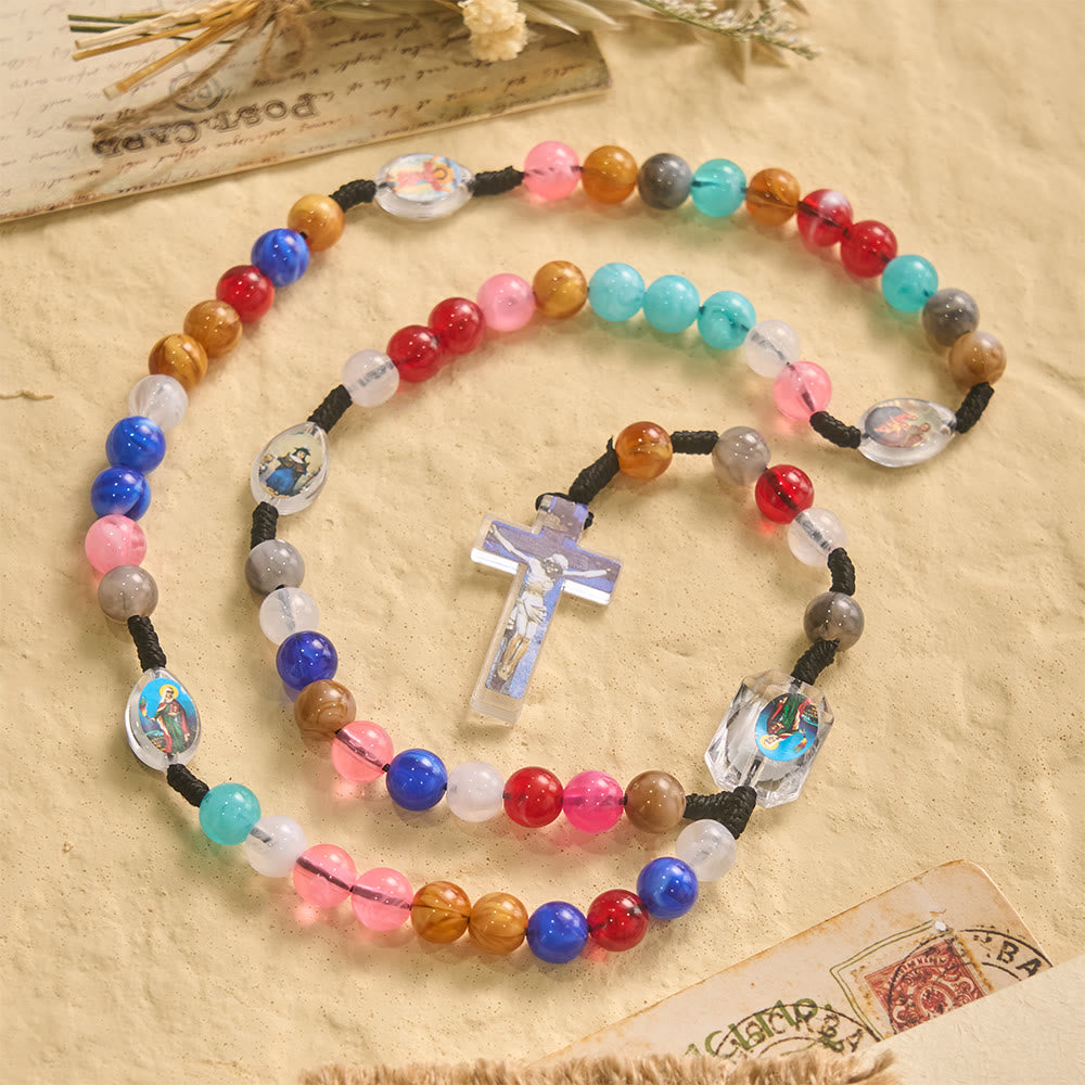 FREE Today: Multicolor Swirl Resin Bead Knotted Cord Rosary With Our Lady & INRI Crucifix Pendant - image 3