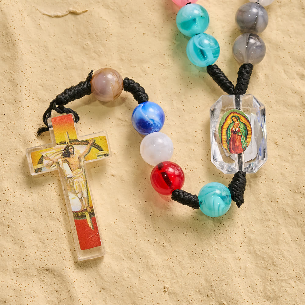 FREE Today: Multicolor Swirl Resin Bead Knotted Cord Rosary With Our Lady & INRI Crucifix Pendant - image 8