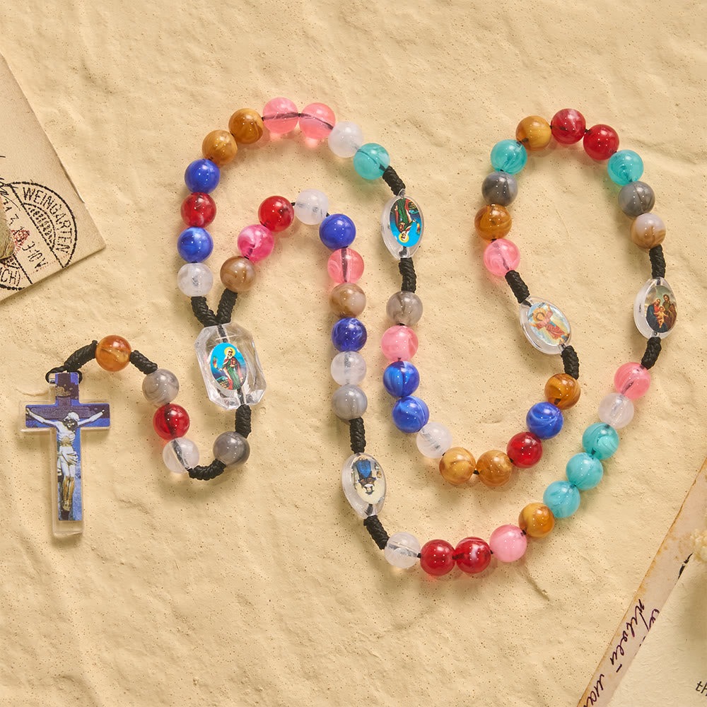 FREE Today: Multicolor Swirl Resin Bead Knotted Cord Rosary With Our Lady & INRI Crucifix Pendant - image 1