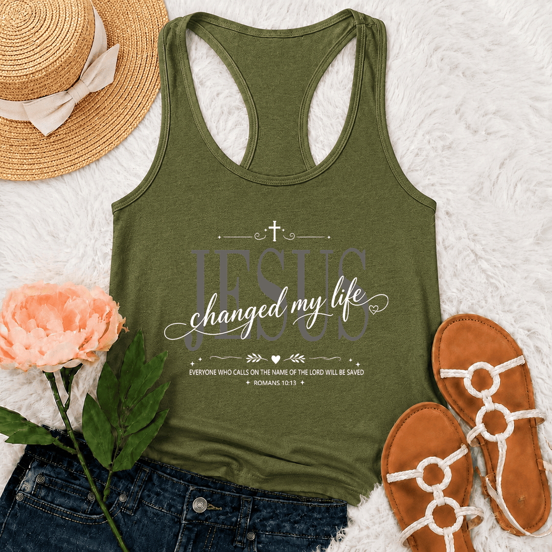 Christianartworkshop Jesus Changed My Life Dual Font Cross Heart Accent Romans 10:13 Decorative Frame Graphic Racerback Tank Top - Army Green - 2XL - image 21