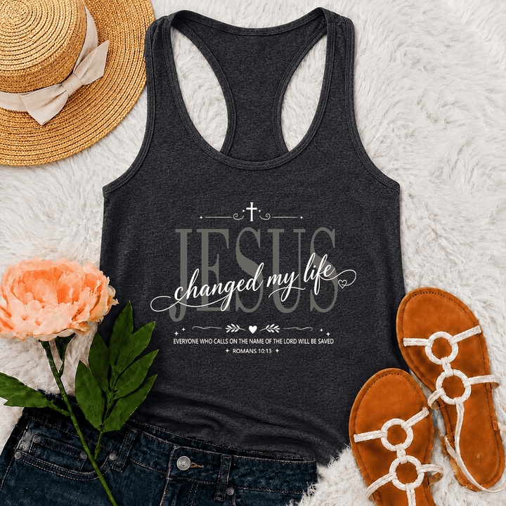 Christianartworkshop Jesus Changed My Life Dual Font Cross Heart Accent Romans 10:13 Decorative Frame Graphic Racerback Tank Top - Grey - 2XL - image 15