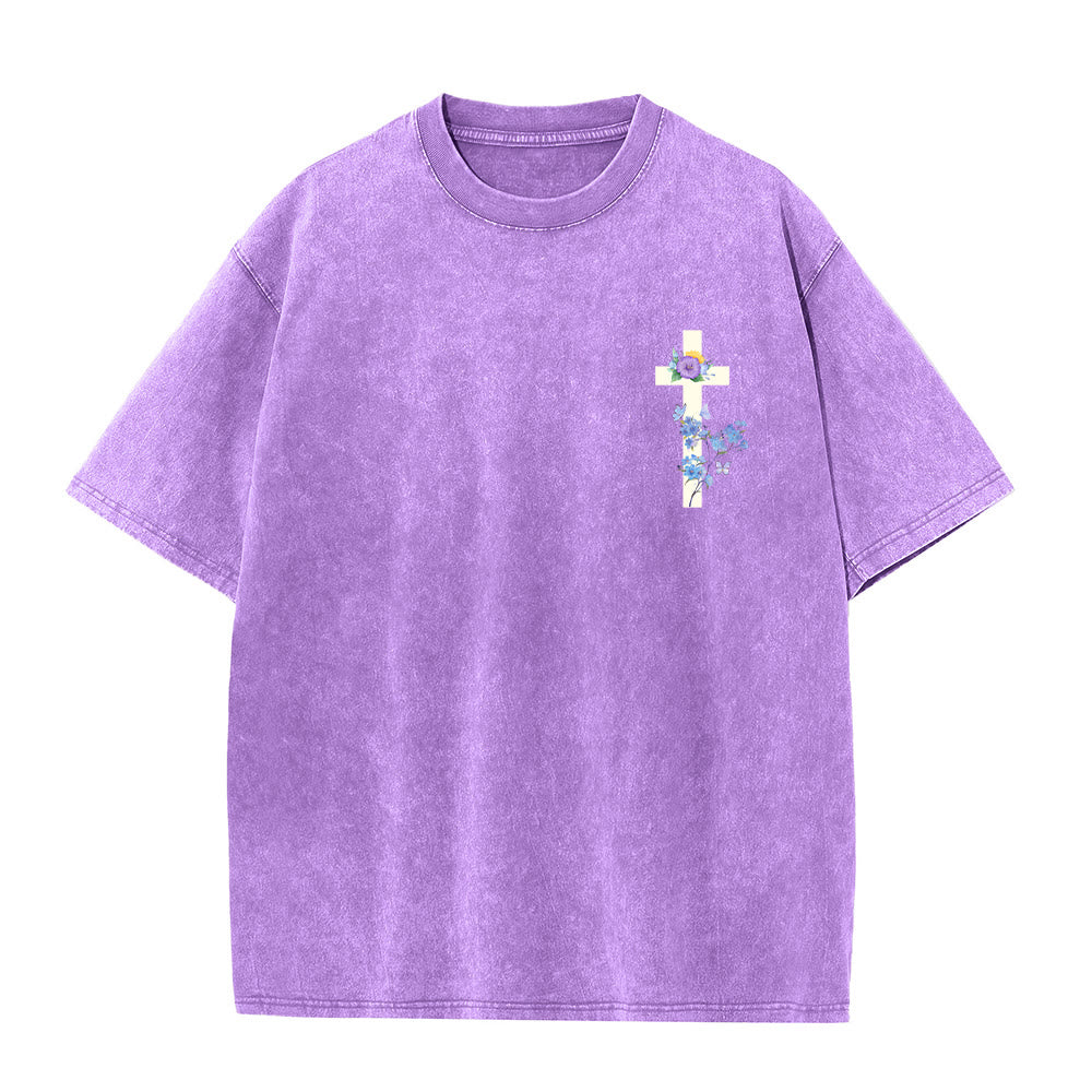 Christianartworkshop It Is Well With My Soul Watercolor Wildflower Full Back Print Floral Cross Left Chest Vintage Washed Unisex T-Shirt - image 1
