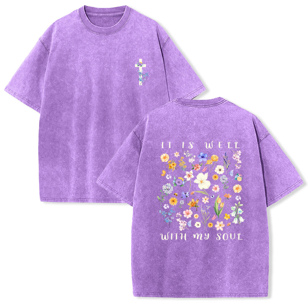 Christianartworkshop It Is Well With My Soul Watercolor Wildflower Full Back Print Floral Cross Left Chest Vintage Washed Unisex T-Shirt - Purple - 5XL - image 0