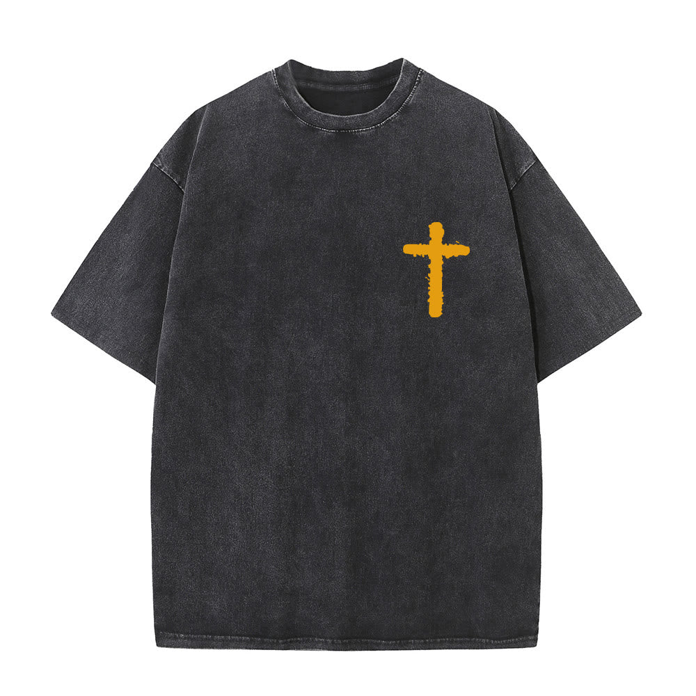 Christianartworkshop Jesus Is King Crown Sketch Cross Left Chest Grunge Splash Back Brush Letter Graphic Vintage Washed Unisex T-Shirt - image 1