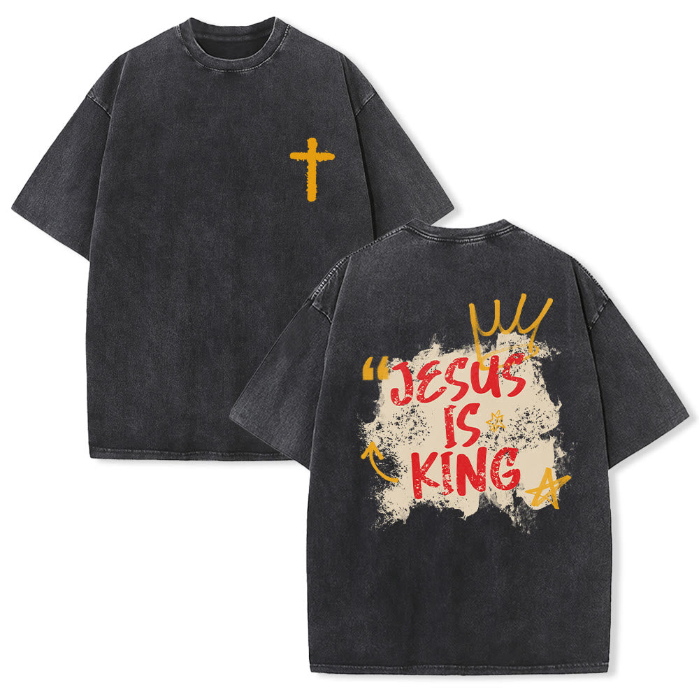 Christianartworkshop Jesus Is King Crown Sketch Cross Left Chest Grunge Splash Back Brush Letter Graphic Vintage Washed Unisex T-Shirt - Black - 5XL - image 0